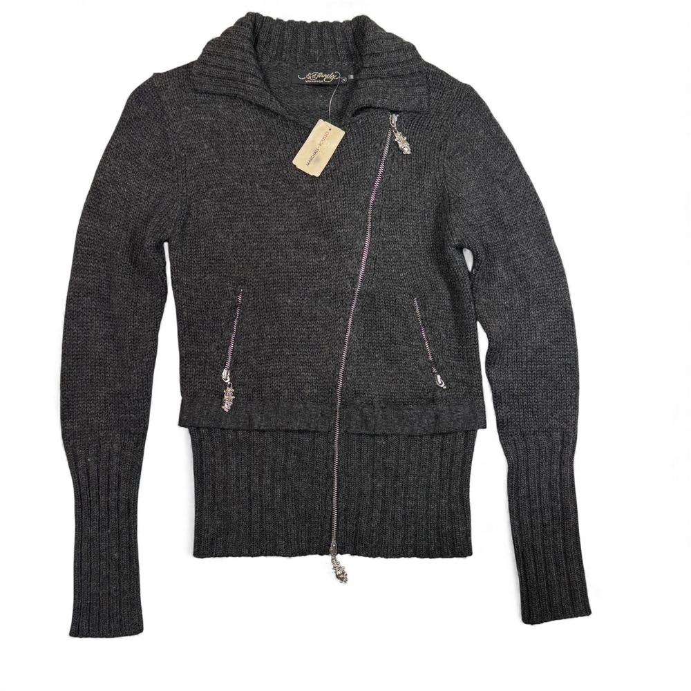 Ed Hardy Women Knit Sweater Jacket Gray Love Hearts‎ Rhinestone Zipper Medium
